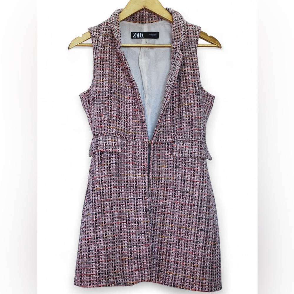 ZARA Pink Tweed Sleeveless Blazer Vest Multicolor XS